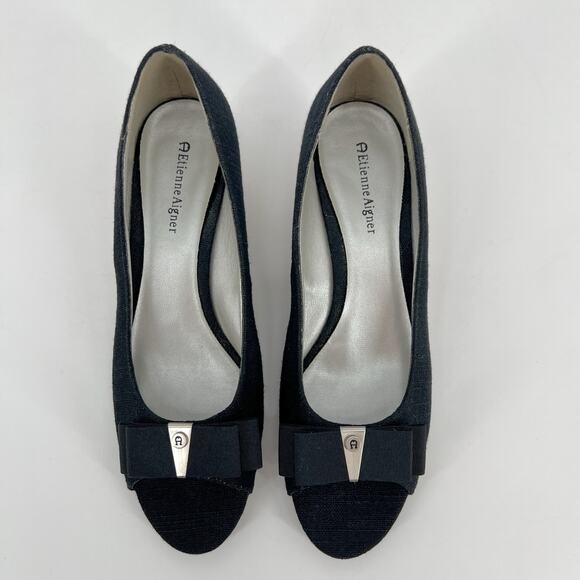 Etienne Aigner Digit Wedge Womens 8M Black Bow Canvas Open Toe Cork Wedge Heels - Picture 3 of 12